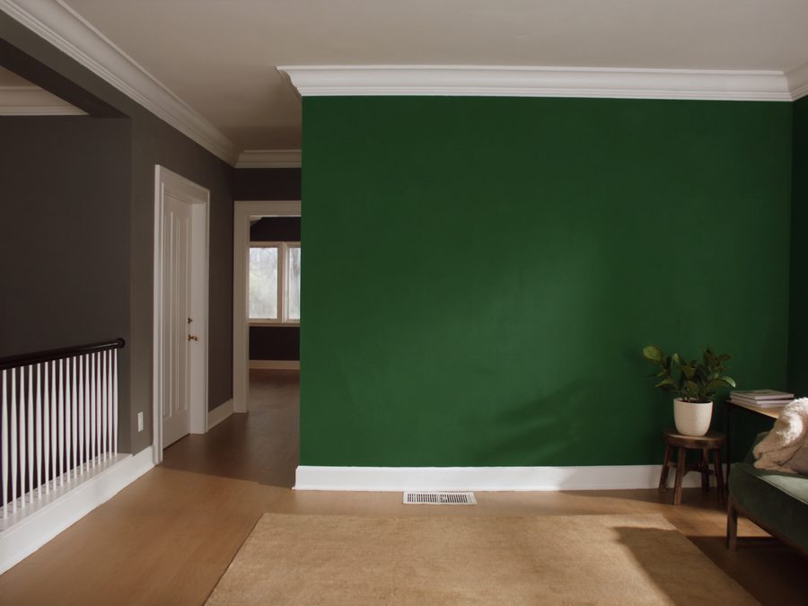 Living room with a dark green accent wall and crisp white trim